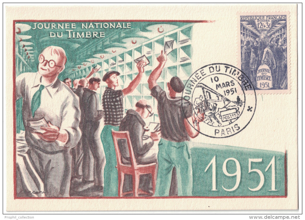 France - 1951 Carte Illustré Premier Jour FDC Cachet Illustré JOURNEE DU TIMBRE Timbre 879 Tri Postal Wagon Train - 1950-1959