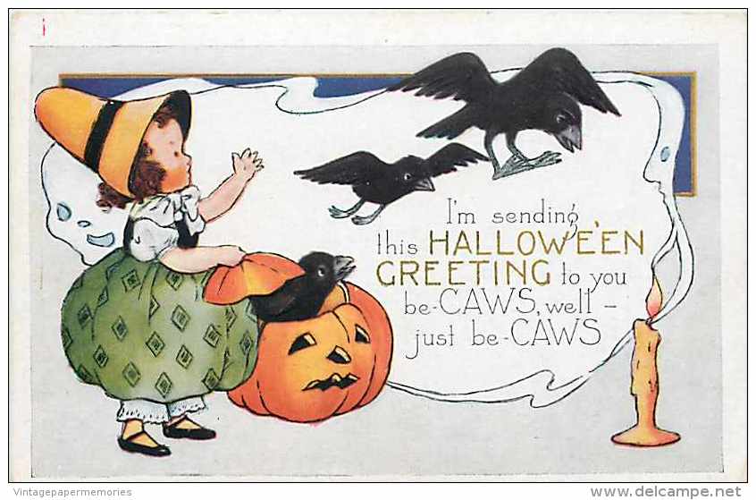 240229-Halloween, Whitney No WNY06-6, Girl Releasing Black Birds From The Jack O Lantern, Caws - Halloween