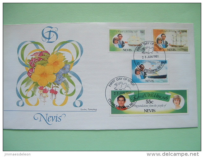 Nevis 1981 FDC Royal Wedding Charles & Diana - Flowers - Ships - Antillen