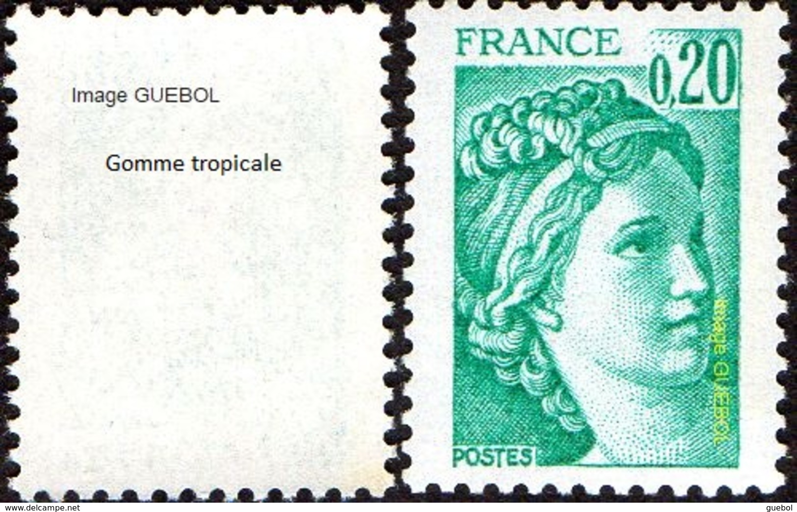 France Sabine De Gandon N° 1967 B ** Le 0.20 Fr. émeraude - Variété Gomme Tropicale - 1977-1981 Sabine (Gandon)