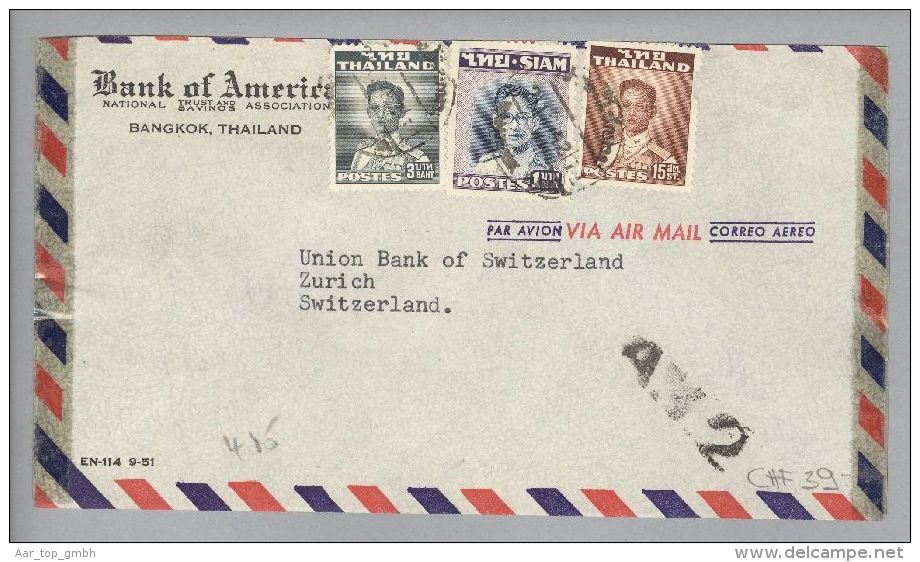 Thailand Siam 1952-12-02 Bangkok Airmail Nach Zürich Mit A.V.2 Schwarz - Thailand