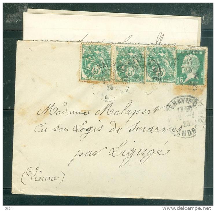 AFFRAN.  à Base 5 Cent Type Blanc + 15 Cent Pasteur En Juillet 1927 Sur Lac Oblit Fontenay Le Comte ( Dep 85)mala6407 - 1900-29 Blanc