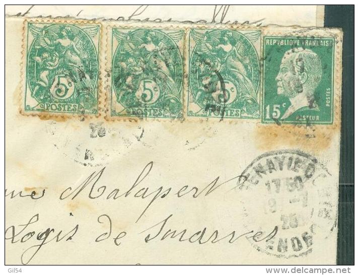 AFFRAN.  à Base 5 Cent Type Blanc + 15 Cent Pasteur En Juillet 1927 Sur Lac Oblit Fontenay Le Comte ( Dep 85)mala6407 - 1900-29 Blanc