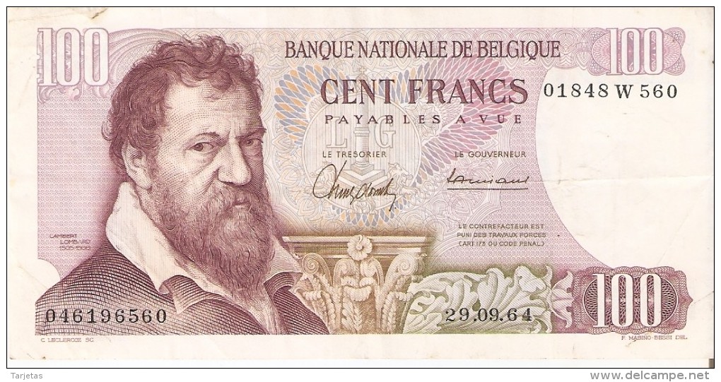BILLETE DE BELGICA DE 100 FRANCOS DEL AÑO 1964  DE LAMBERT LOMBARD  (BANK NOTE) - 100 Francos