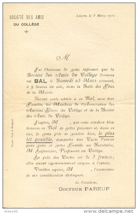 Invitation Au Bal Des Amis Du Collège De Luçon, 8/3/1911 - Historische Dokumente