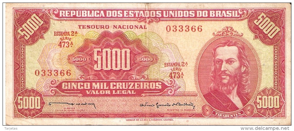 BILLETE DE BRASIL DE 5000 CRUZEIROS DEL AÑO 1964  (RARO)(BANKNOTE) TIRADENTES - Brasil