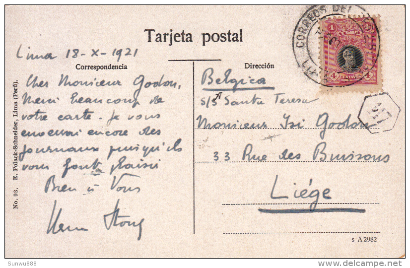 La Oroya (Peru) 1921 To Liège, Stamp - Pérou