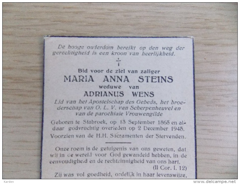 Doodsprentje Maria Anna Steins Stabroek 13/9/1865 - 2/12/1945 ( Adrianus Wens ) - Religion & Esotérisme