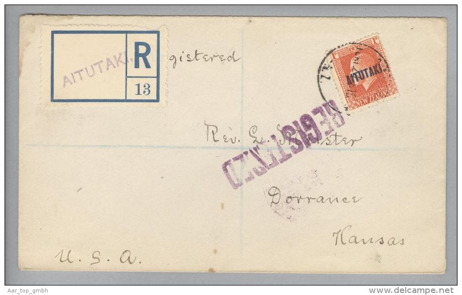 OZ Cook Island Aitutaki 1924-04-10 R-Brief Nach USA Mit 1 Sh. - Cook