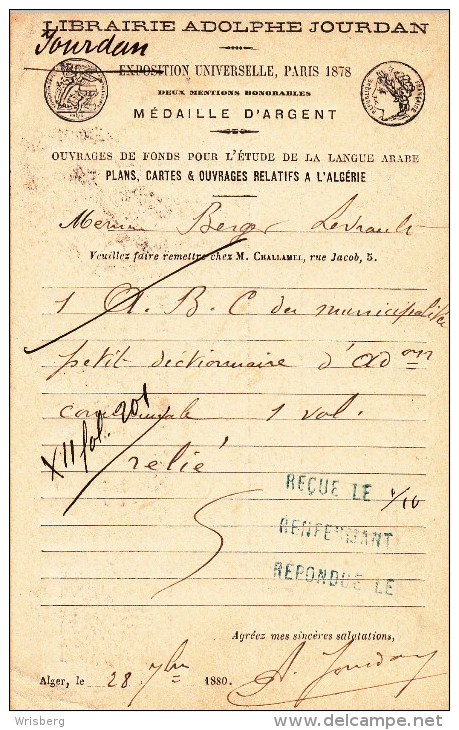 EP Y&T 89 CP 1  Obl ALGER Du 28.09.80 Adressée à Paris - Repiquage Librairie Adolphe Jourdan - 1877-1920: Période Semi Moderne