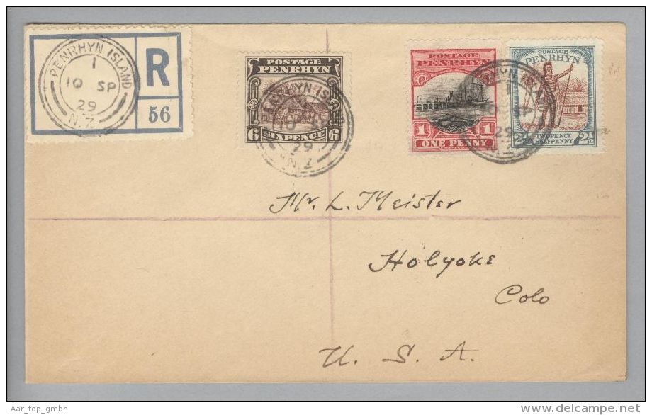 OZ Cook Island Penrhyn 1929-09-10 R-Brief Nach USA Mit 6P.+1P.+2,5P. - Cook