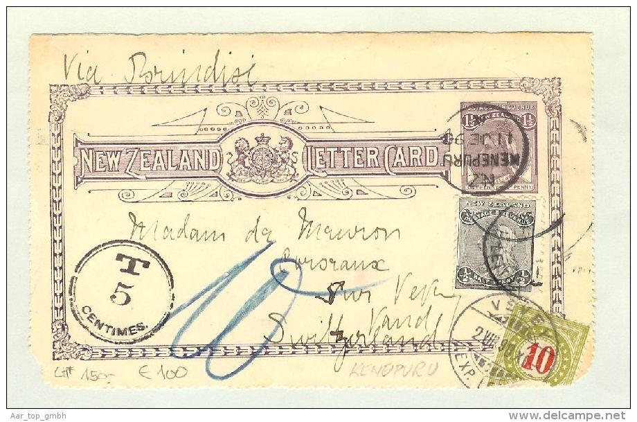 OZ Neuseeland 1898-06-11 Taxierte GS Kenepurs Nach Vevey Schweiz - Lettres & Documents