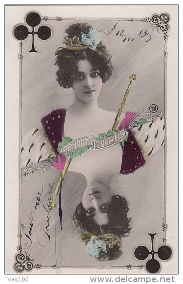 CPA PLAYING CARDS, QUEEN OF CLUB, YOUNG WOMAN, VINTAGE CLOTHES - Playing Cards