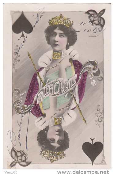 CPA PLAYING CARDS, QUEEN OF SPADE, YOUNG WOMAN, VINTAGE CLOTHES - Cartas