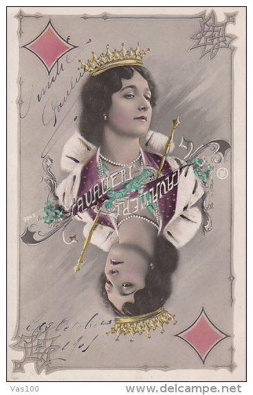 CPA PLAYING CARDS, QUEEN OF DIAMOND, YOUNG WOMAN, VINTAGE CLOTHES - Cartes à Jouer