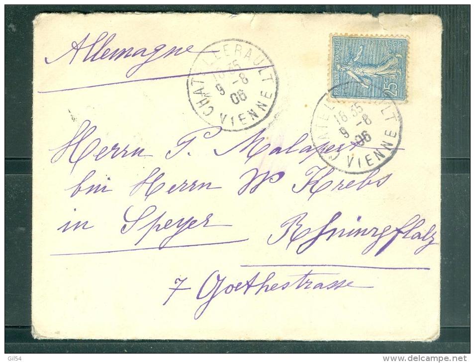 Yvert N°132 -  25 Centimes Semeuse  Lignée Oblitéré Chatellerault En 1906 Sur Lac Pour L'allemagne Malb4814 - 1903-60 Säerin, Untergrund Schraffiert