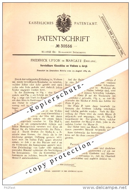 Original Patent - Frederick Upton In Margate , England , 1884 , Chin Rest On Violins , Violin , Geige !!! - Margate