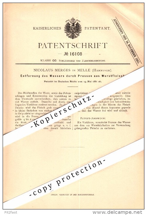 Original Patent - Nicolaus Merges In Melle B. Hannover , 1881 , Wasserentfernung Bei Wurst , Schlachter , Metzger !!! - Melle