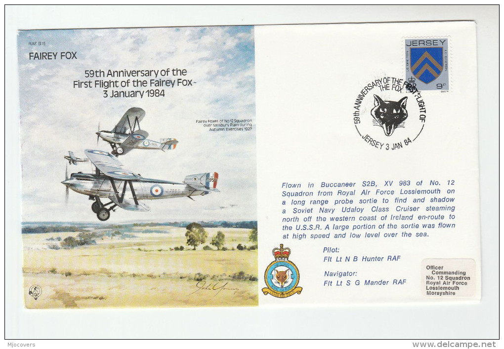 JERSEY Special FLIGHT COVER Pmk Illus FOX Animal  Anniv FAIREY FOX AIRCRAFT Aviation Stamps Foxes - Airplanes