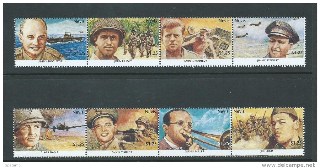 Nevis 1994 World War II Anniversary 2 Strips Of 4 MNH , 1 Stamp Damaged - St.Kitts And Nevis ( 1983-...)