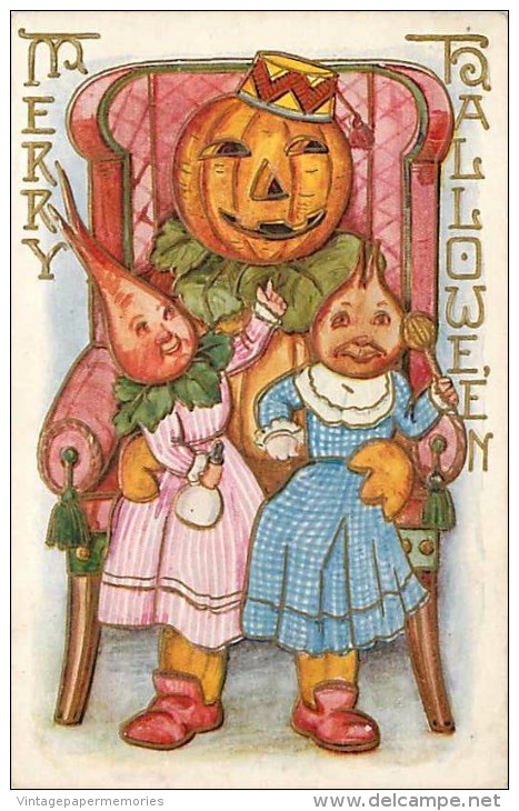 240239-Halloween, Whitney No WNY10-7, Jack O Lantern Head Man Sitting In Chair With Turnip Children On Lap - Halloween