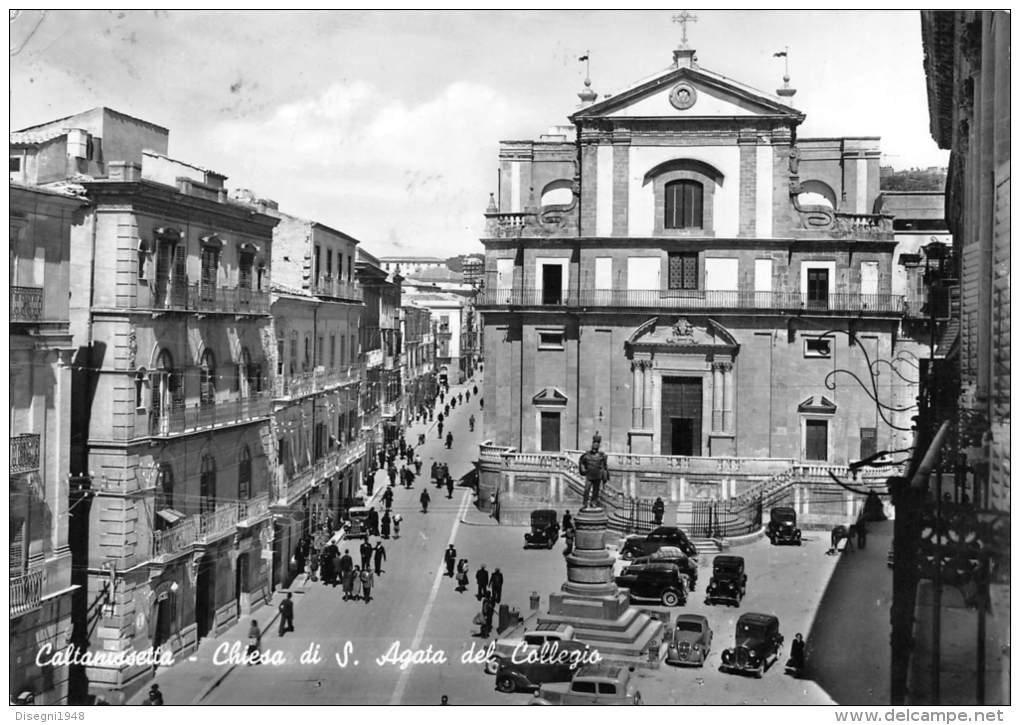 03629 "CALTANISETTA - CHIESA DI S. AGATA DEL COLLEGIO" ANIMATA, AUTO ANNI '30/40. CART. ILLUSTR.  ORIG. SPEDITA 1965 - Caltanissetta