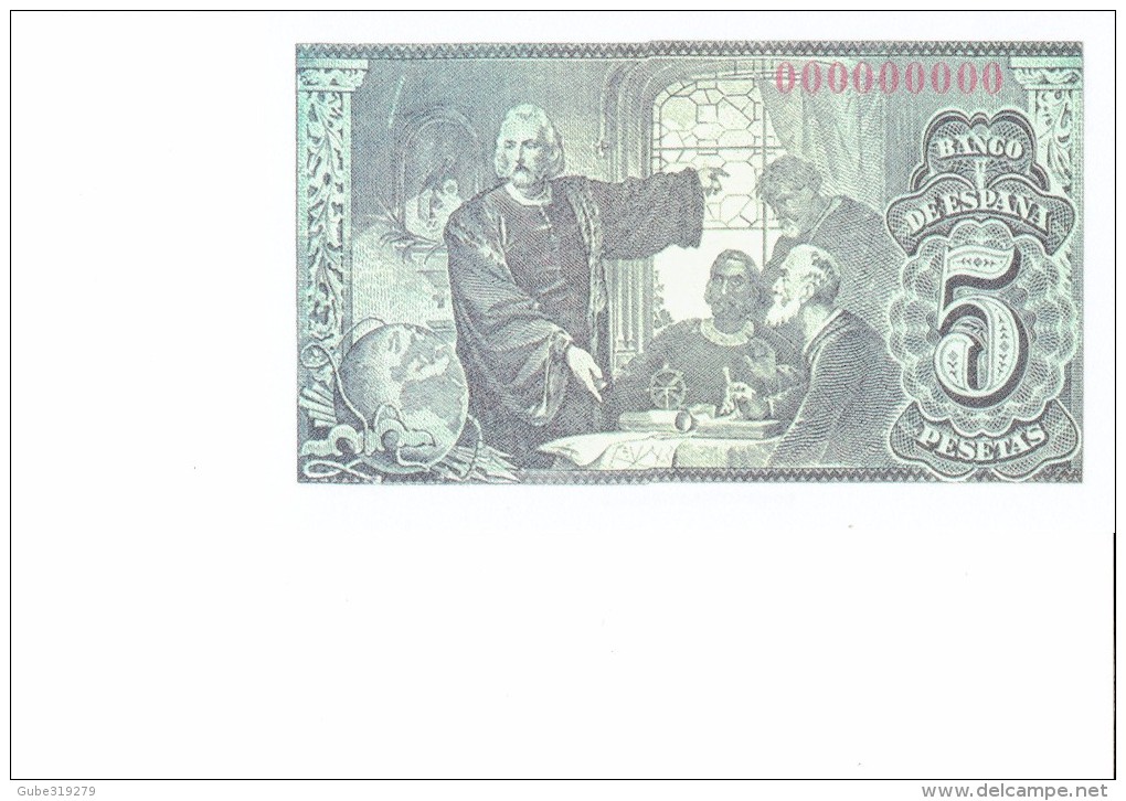 SPAIN 1943- REPLICA - REPRODUCCION  -ISABEL CATOLICA - CRISTOBAL COLON EN MONASTERIO DE LA RABIDA BILL OF 5PTAS ISSUED - [ 8] Ficticios & Especimenes