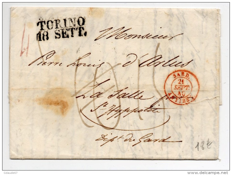 1840 - TAXE RECTIFIEE Sur LETTRE De TURIN / TORINO Pour ST HYPPOLITE (GARD) Avec CACHET D'ENTREE ROUGE SARD. ANTIBES - 1801-1848: Précurseurs XIX