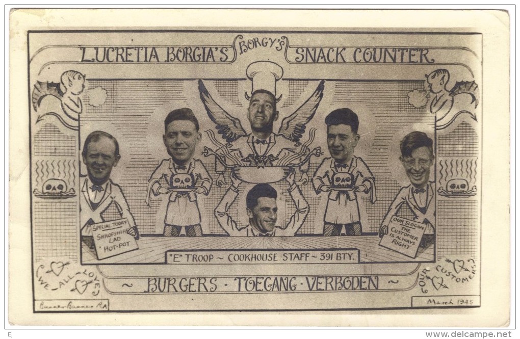 Lucretia Borgia's (Borgy's) Snack Counter - "E" Troop - Cookhouse Staff - 391 BTY - March 1945 - Cartoon - Other & Unclassified