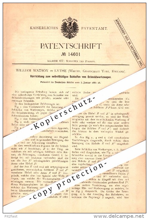 Original Patent - William Watson In Lythe / Whitby , 1881 , Apparatus For Grinding Cutting Tools !!! - Whitby