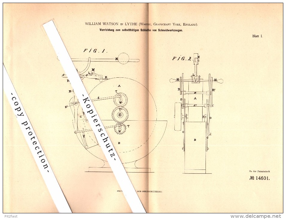 Original Patent - William Watson In Lythe / Whitby , 1881 , Apparatus For Grinding Cutting Tools !!! - Whitby