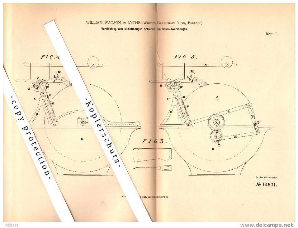 Original Patent - William Watson In Lythe / Whitby , 1881 , Apparatus For Grinding Cutting Tools !!! - Whitby