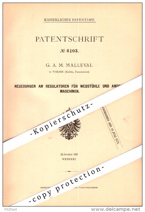 Original Patent - G.A. Malleval à Tarare , Rhone , 1879 , Régulateur Pour Métier , Tissage !!! - Tarare