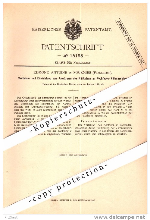 Original Patent - Edmond Antoine à Fourmies , 1881 , Dispositif Pour Machines à Coudre !!! - Fourmies