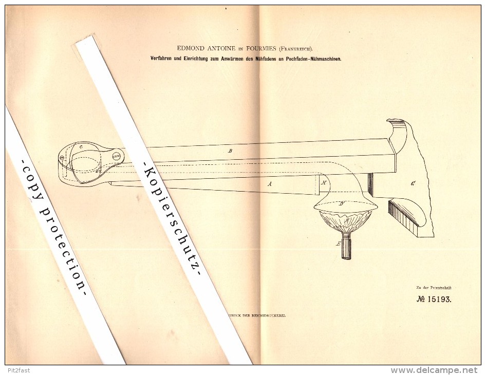 Original Patent - Edmond Antoine à Fourmies , 1881 , Dispositif Pour Machines à Coudre !!! - Fourmies