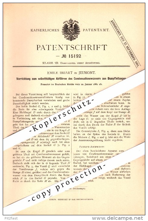 Original Patent - Emile Briart à Jeumont , Nord , 1881 , Appareil Pour La Condensation Des Machines à Vapeur !!! - Jeumont