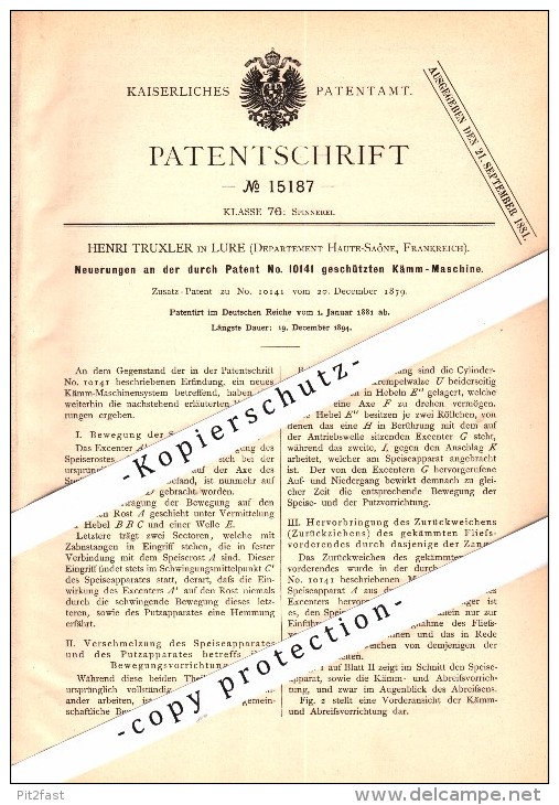 Original Patent - Henri Truxler à Lure , Haute-Saone , 1881 , Machine Pour La Filature !!! - Lure