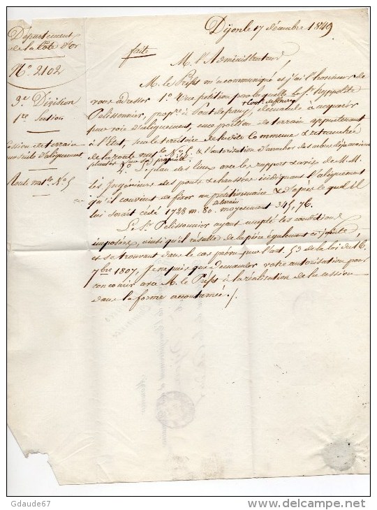 1809 - LETTRE (CESSION DE TERRAIN PAR SUITE D'ALIGNEMENT) De DIJON (COTE D'OR) Avec MARQUE Du MINISTERE Des FINANCES - 1849-1876: Période Classique