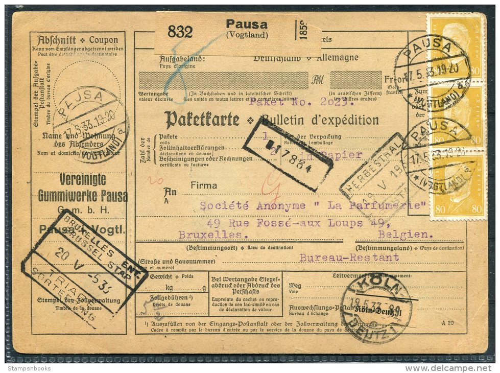 1933 Germany Paketkarten Parcelcard Pausa Koln -  La Perfumerie, Brussels Belgium - Briefe U. Dokumente