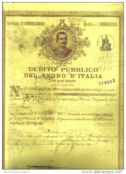 Debito Pubblico Del Regno D'italia 1922 Certificato Con Cedole Cod.doc.095 - Documenti Storici