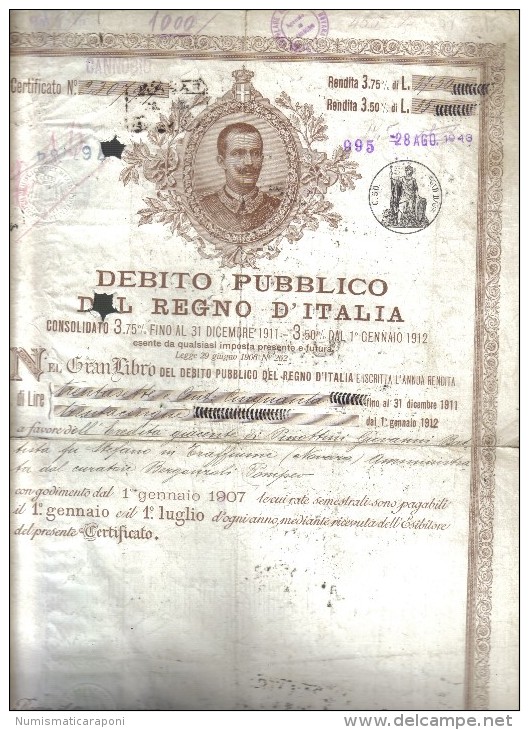 Debito Pubblico Del Regno D'italia 1907 Certificato Non Ben Conservato Cod.doc.096 - Historical Documents