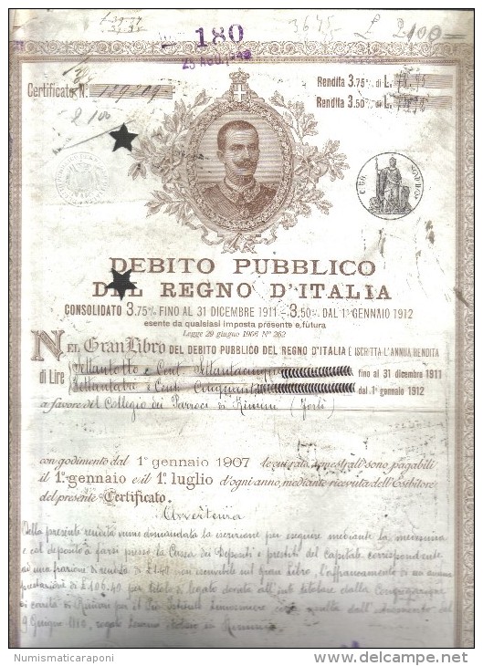 Debito Pubblico Del Regno D'italia 1907 Certificato Ben Conservato Cod.doc.099 - Documenti Storici