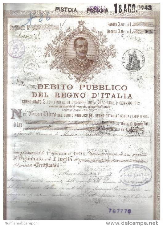 Debito Pubblico Del Regno D'italia 1907 Certificato Ben Conservato Cod.doc.102 - Documentos Históricos