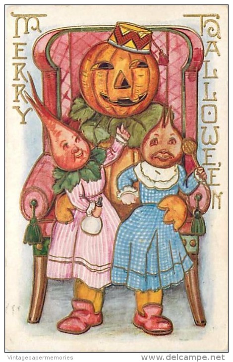 240243-Halloween, Whitney No WNY10-7, Jack O Lantern Head Man Sitting In Chair With Turnip Children On His Lap - Halloween