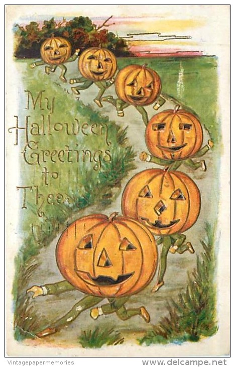 240247-Halloween, Whitney No WNY10-8, Jack O Lantern Head Men Running Down A Path, 1910 PM - Halloween