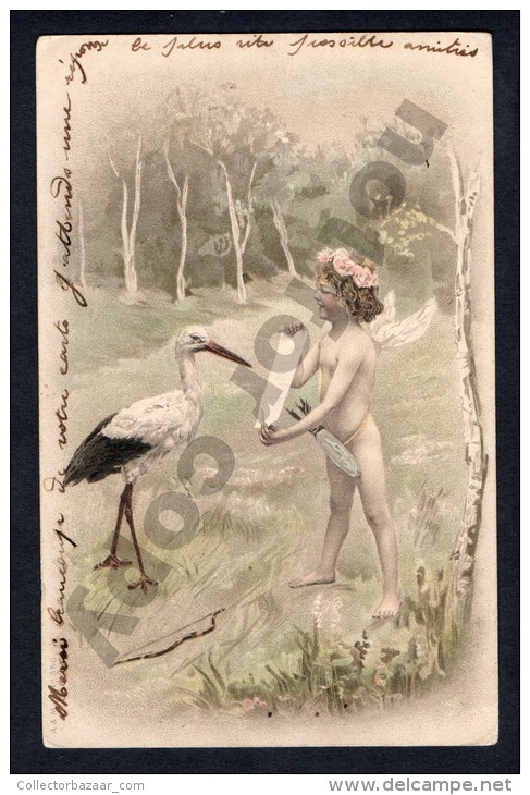 Angel Cupid With Stork Vintage Postcard CA Ca1900 Postcard Cpa Ak (W4_1262) - Angeles