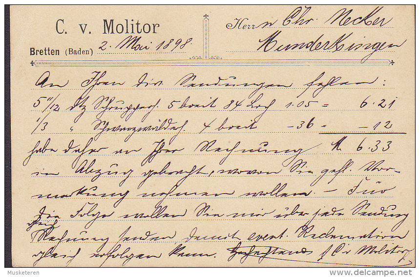 Germany Reichspost Postal Stationery Ganzsache Entier PRIVATE Print C. V. MOLITOR, BRETTEN 1893 MUNDERKINGEN (2 Scans) - Tarjetas