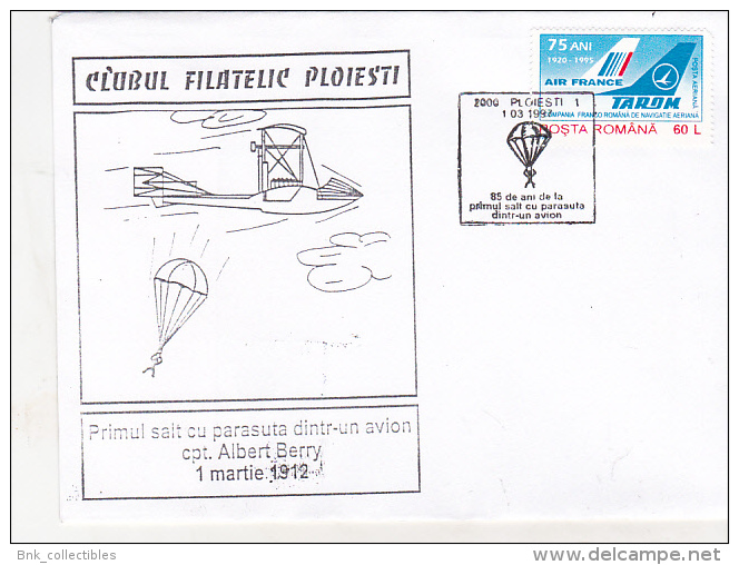 Romania Envelope - Aerophilately -85 Years Of The First Parachute Jump From An Airplane Captain Albert Berry 1912 - Airplanes