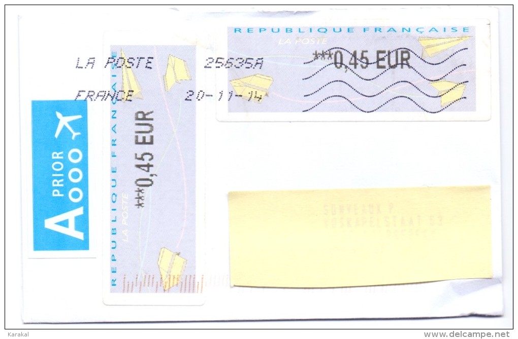 France ATM Vignette LISA Type Avions En Papier Sur Lettre Vers Belgique - 2000 « Avions En Papier »