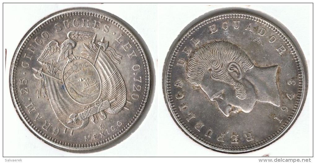 ECUADOR 5 SUCRES 1943 MEXICO PLATA SILVER F1 PATINA - Ecuador